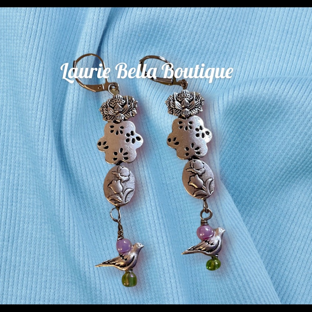 Silver Flowers and Dangle Hummingbird Earrings